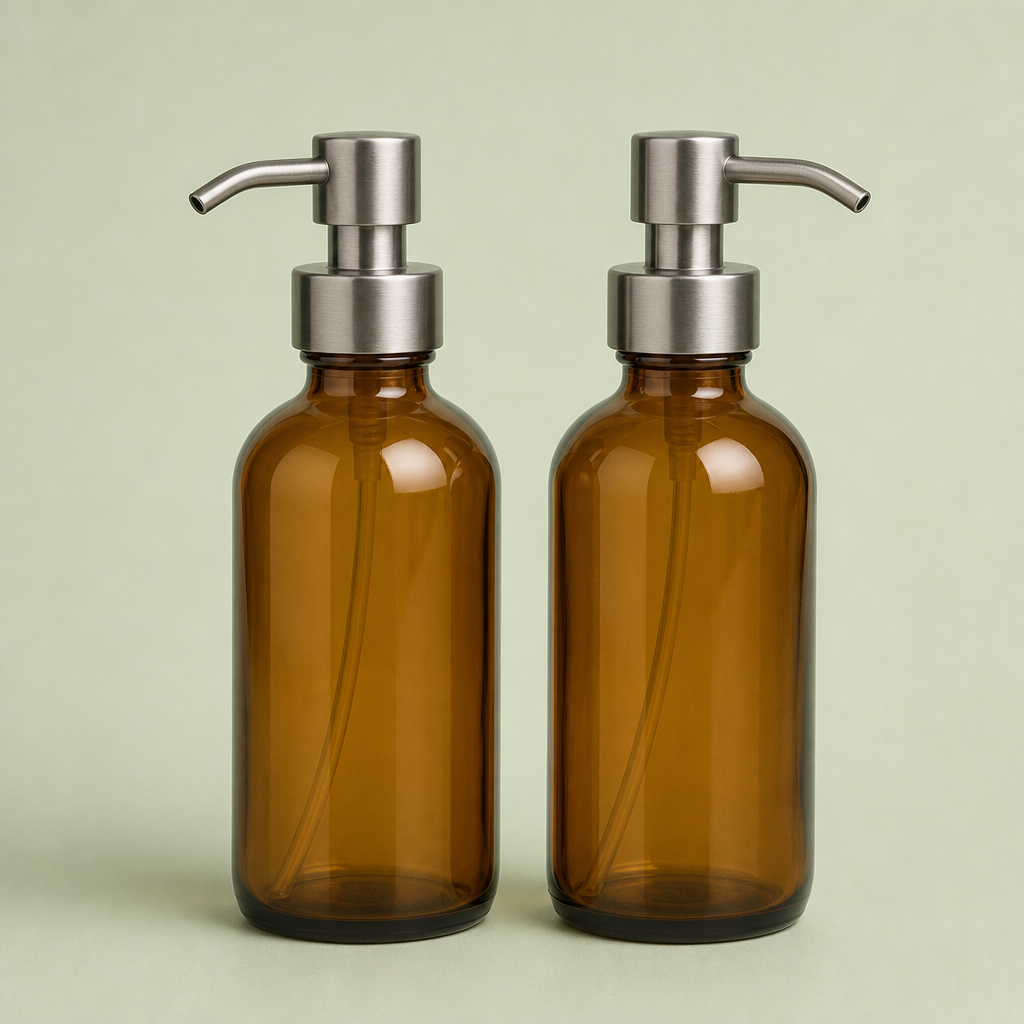 Amber Glass Pump Bottle Set