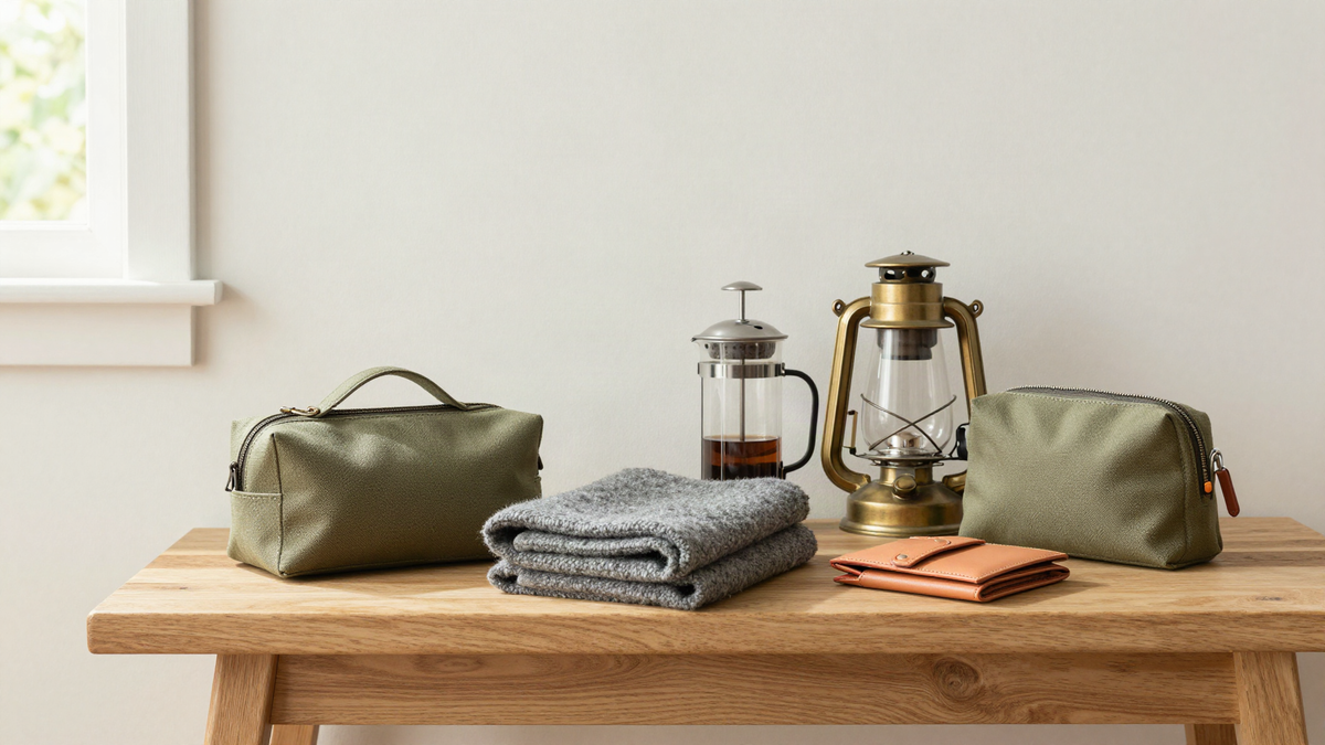 One Goods everyday goods on a light oak bench