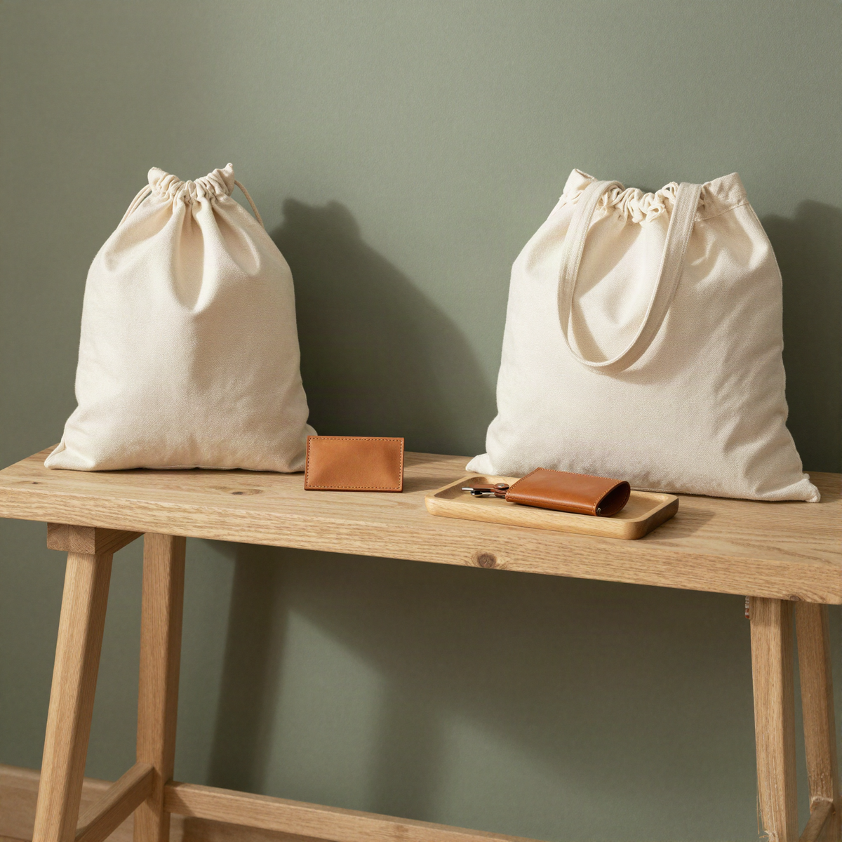Canvas bags on an entryway bench